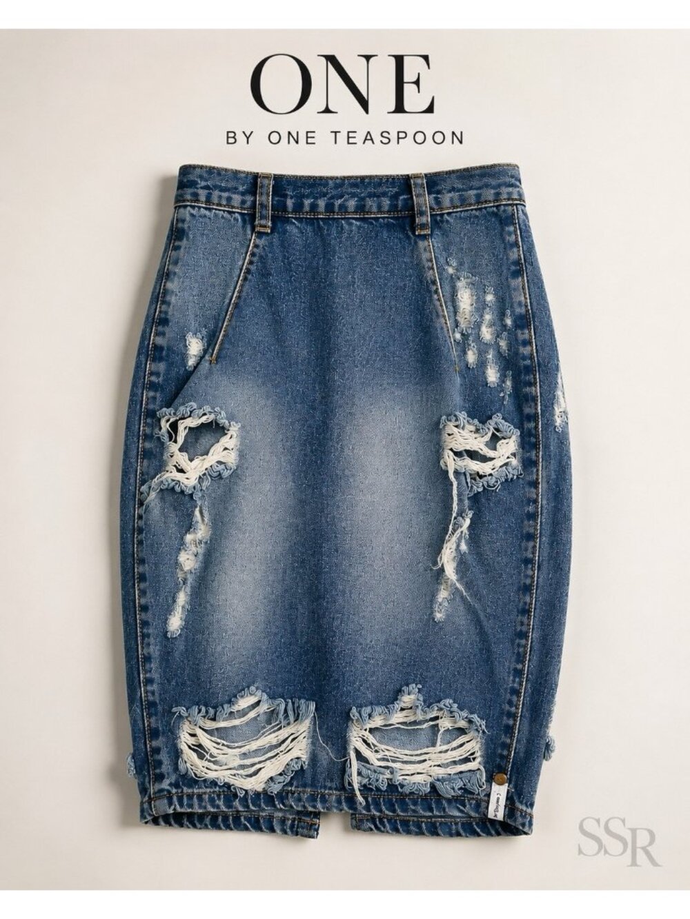 ONE by One Teaspoon FreeLove Vintage Blue Distressed Denim Midi Skirt Sz 24 NWOT